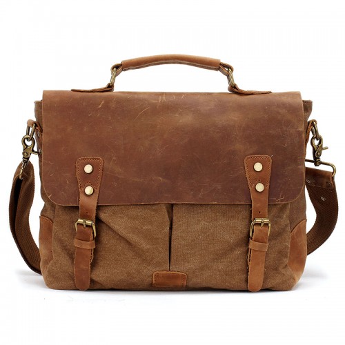 AT1 MESSENGER 1 VINTAGE™ Canvas - Leder Aktentasche Laptoptasche Arbeitstasche Umhängetasche - braun 14"